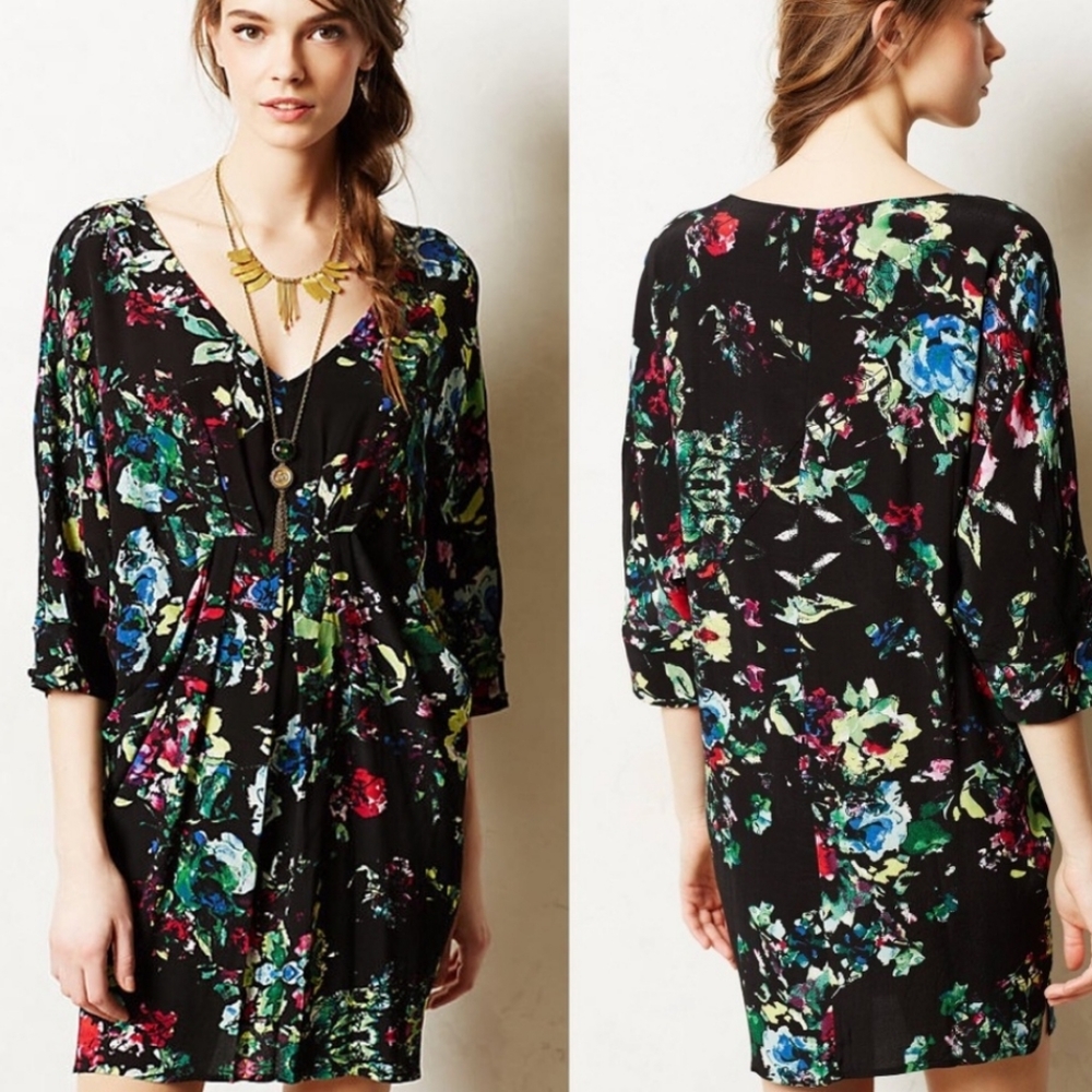 Anthropologie Maeve Black Floral Dress XS